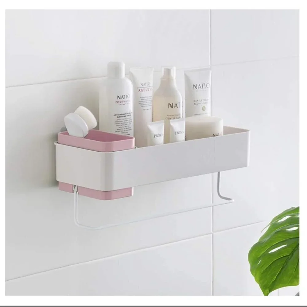 Lunmore Adhesive Bathroom Shelf Storage with Towel Bar In Pink